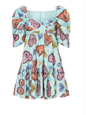 Autumn Adeigbo Sauda Aqua Mini Dress with Multi-Color Heart Paisley Print